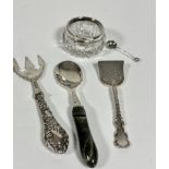 An agate Epns mounted jam spoon, (L: 14cm) an Epns silver handled pickle fork, a Birmingham silver