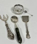 An agate Epns mounted jam spoon, (L: 14cm) an Epns silver handled pickle fork, a Birmingham silver