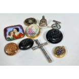 A group of brooches, seals etc including a brass mounted Victorian porcelain plaque brooch of