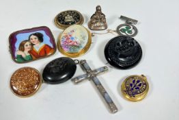 A group of brooches, seals etc including a brass mounted Victorian porcelain plaque brooch of