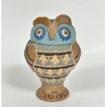 A Doulton Lambeth silicone ware standing owl jar and cover, left eyebrow restored, decorated with