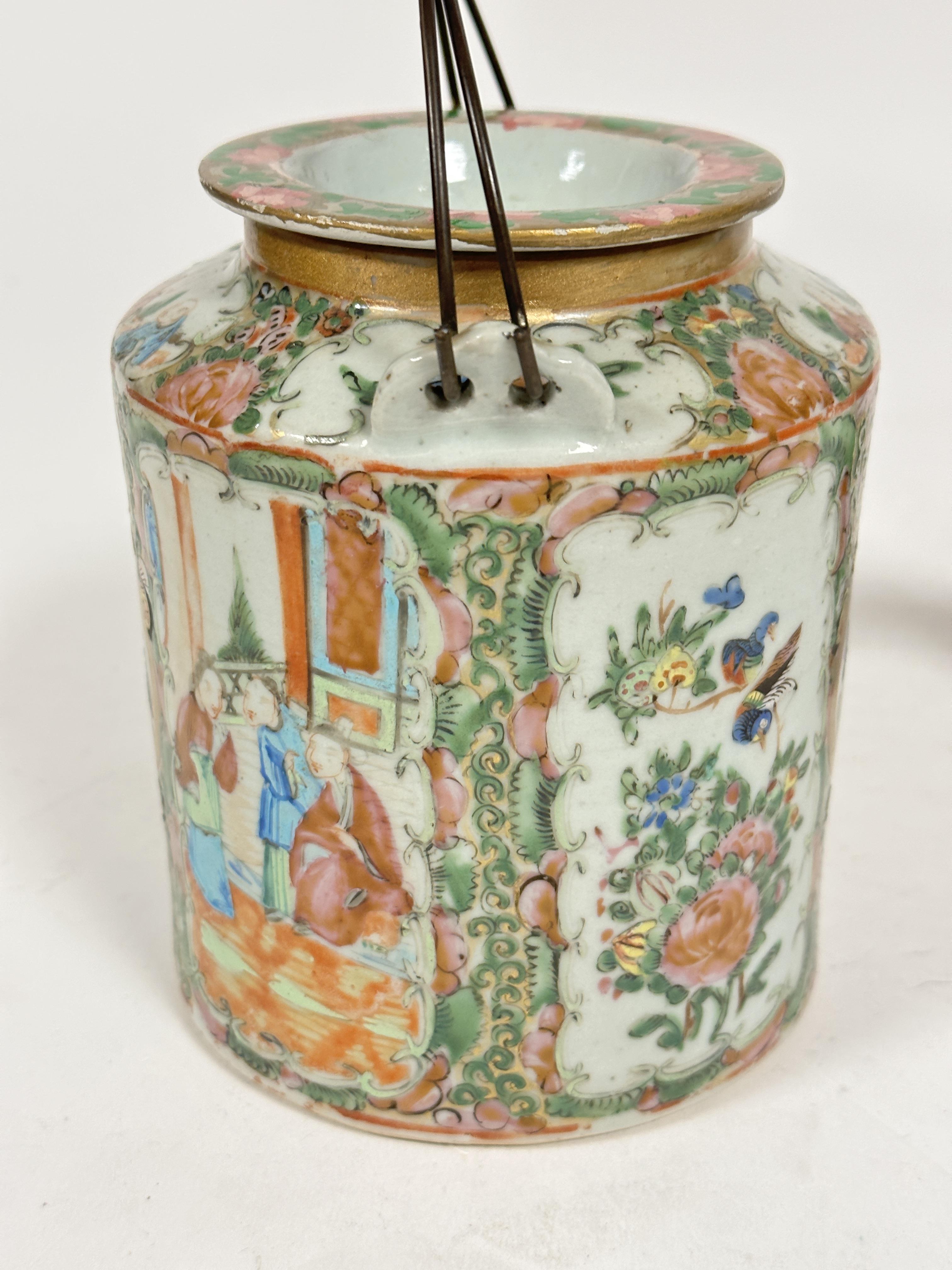 A late 19tch Chinese Canton enamelled cylinder teapot with twin metal handles to top, decorated with - Image 3 of 6