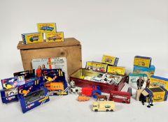 A collection of Matchbox Lensey model vehicles including a van, a Greyhound bus, a VW caravanette, a
