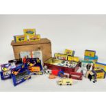 A collection of Matchbox Lensey model vehicles including a van, a Greyhound bus, a VW caravanette, a