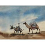 Yuldash Yegamov, Donkey Ride, watercolour, paper label verso, gilt glazed mounted frame, (33.5cm x