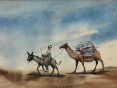 Yuldash Yegamov, Donkey Ride, watercolour, paper label verso, gilt glazed mounted frame, (33.5cm x