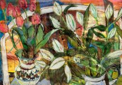 Kerry Smith, Still Life with Vases of Tulips, pastel, inscribed verso, silvered glazed mounted