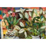 Kerry Smith, Still Life with Vases of Tulips, pastel, inscribed verso, silvered glazed mounted