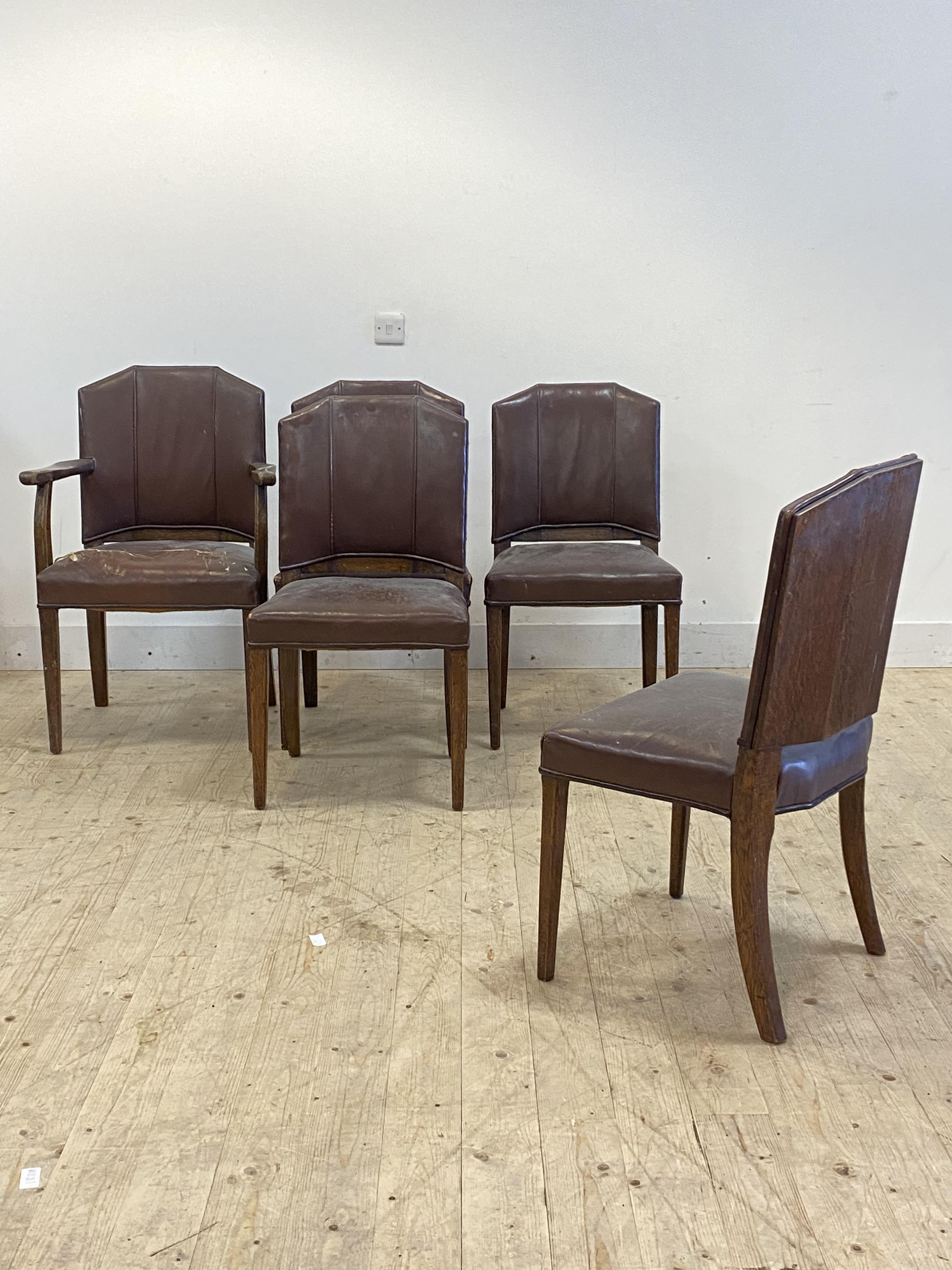 A set of five (4+1) leather upholstered dining chairs, early 20th century, H96cm, W64cm, D50cm - Image 3 of 3