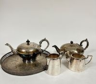 An Epns galleried engraved tray (3cm x 31cm) two 19thc engraved Epns teapots and a hotel ware