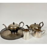 An Epns galleried engraved tray (3cm x 31cm) two 19thc engraved Epns teapots and a hotel ware