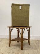 A lloyd loom style laundry basket, (H59cm) together with a 1970's bamboo two tier lamp table, (
