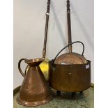 A 29th century riveted copper pan on three supports with swing handle H27cm, D31cm together with a