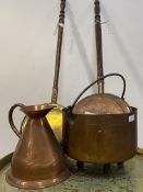 A 29th century riveted copper pan on three supports with swing handle H27cm, D31cm together with a