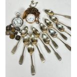 A set of twelve Epns fiddle pattern teaspoons, a gilt metal full hunter pocket watch with
