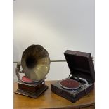 An early 20th century gramophone with brass horn, together with a cased gramophone (2)