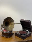 An early 20th century gramophone with brass horn, together with a cased gramophone (2)