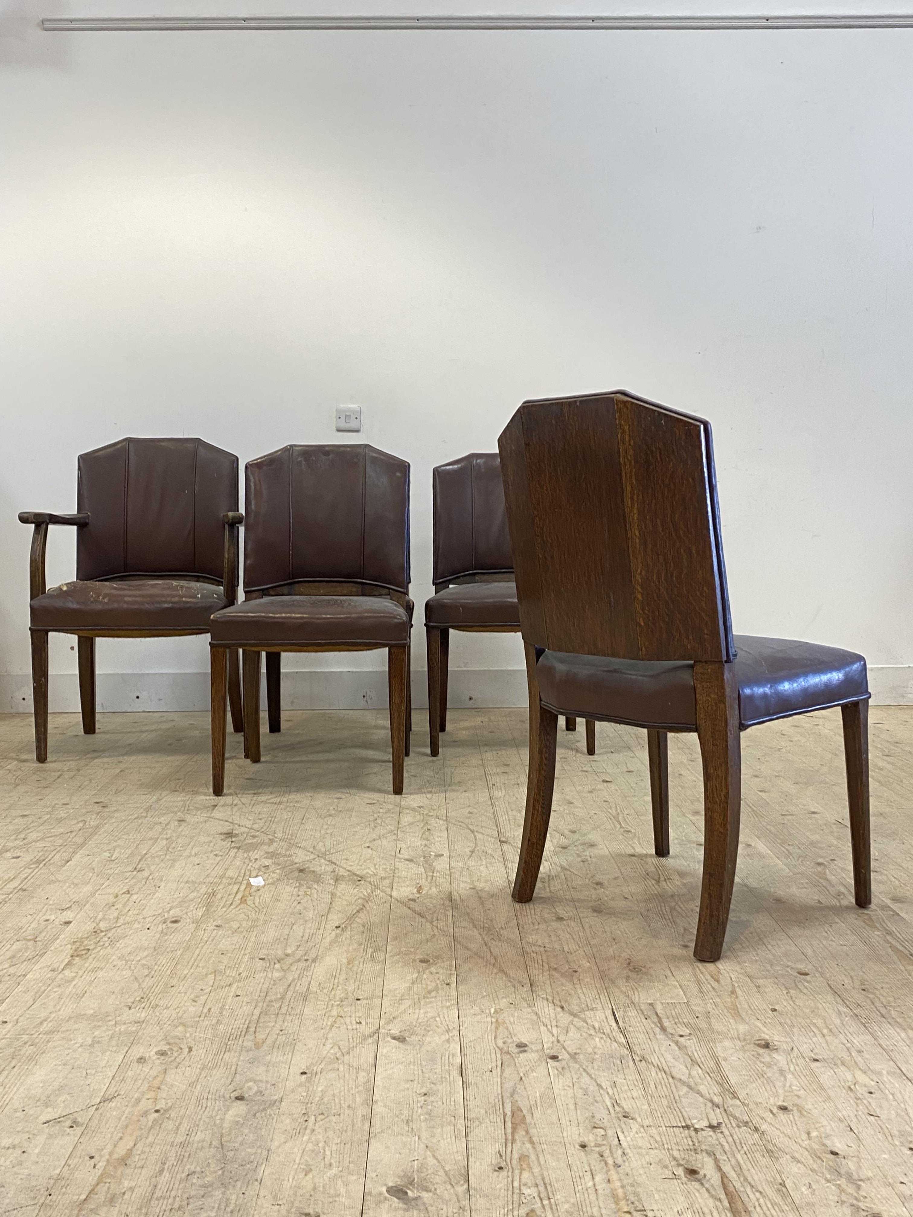 A set of five (4+1) leather upholstered dining chairs, early 20th century, H96cm, W64cm, D50cm - Image 2 of 3