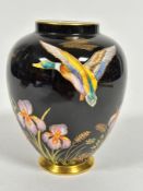 A Carlton Ware tapered cylinder vase decorated with mallard duck and iris design, signed verso,