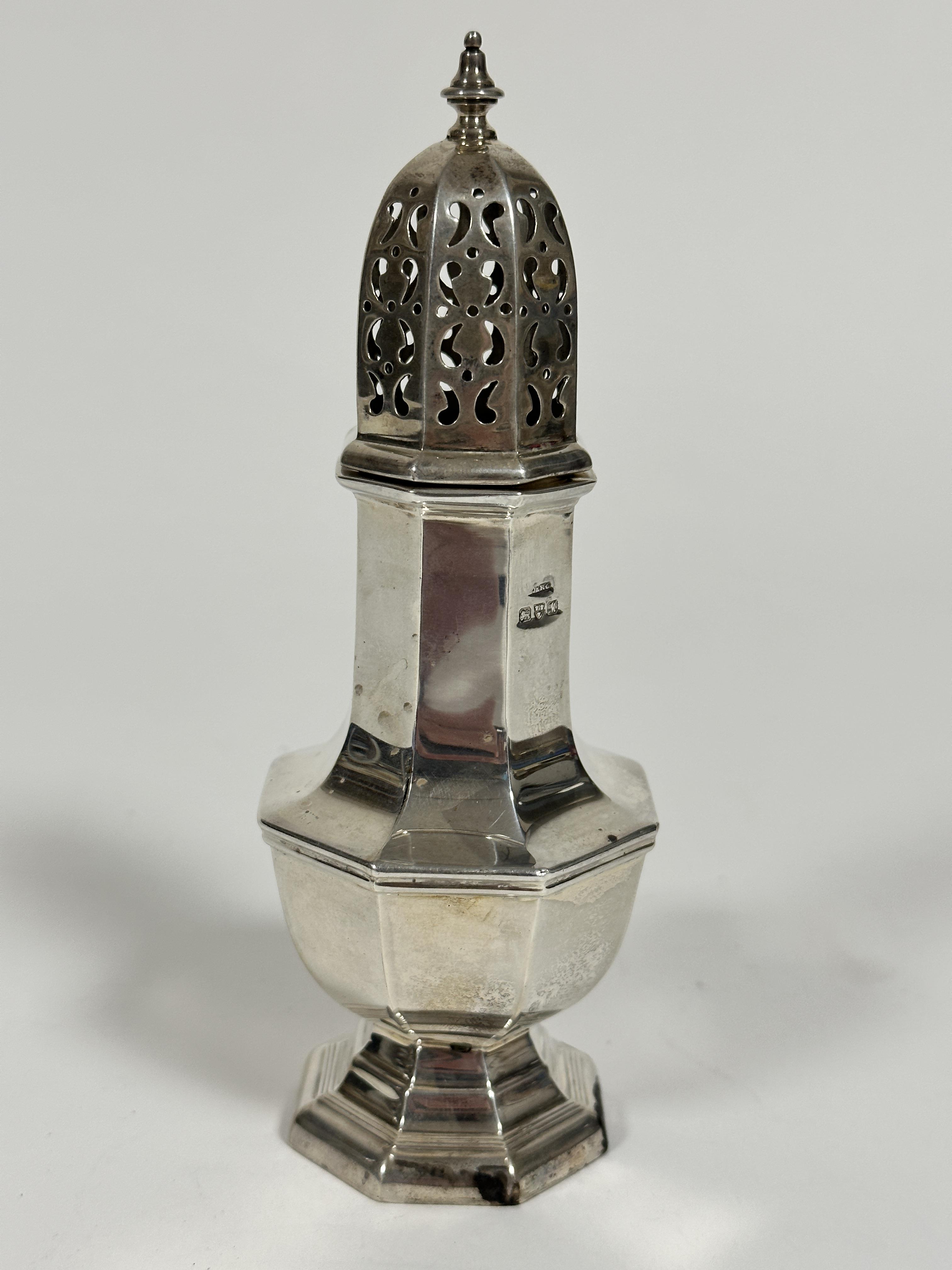 A Chester 1912 silver octagonal pierced dome topped sugar castor raised on stepped base, (h 16. - Image 2 of 2