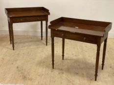 A pair of George III mahogany side tables, early 19th century, the galleried top over frieze drawer,