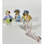 Two china pomander figures of ladies with hats, (h 7.5cm) a 1930s figure with cap and lavender shawl