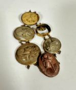 A 19thc gilt metal mounted graduated oval lava cameo bracelet, one panel missing, damage to links