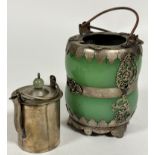 A Chinese jadeite carved gourd style shaped tea canister with white metal plated mounts, with lift