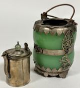 A Chinese jadeite carved gourd style shaped tea canister with white metal plated mounts, with lift