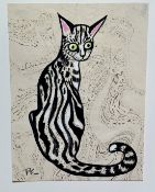 Terry Barron Kirkwood, Seated Tabby Cat, gilt marbled style paper, signed bottom left with initials,