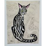 Terry Barron Kirkwood, Seated Tabby Cat, gilt marbled style paper, signed bottom left with initials,