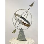 A Vintage wrought iron and copper armillary sundial, the base with signs of the zodiac, H79cm