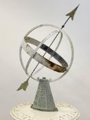 A Vintage wrought iron and copper armillary sundial, the base with signs of the zodiac, H79cm