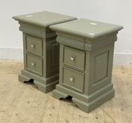 A pair of green painted hardwood bedside chests, each fitted with three drawers raised on bracket