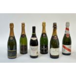 Six bottles comprising one of Chanterelle sparkling wine, a bottle of Bodegas Arisabel Rioja (1985),