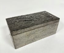 An Arts & Crafts style rectangular pewter chased mounted lined cigar box with impressed name to