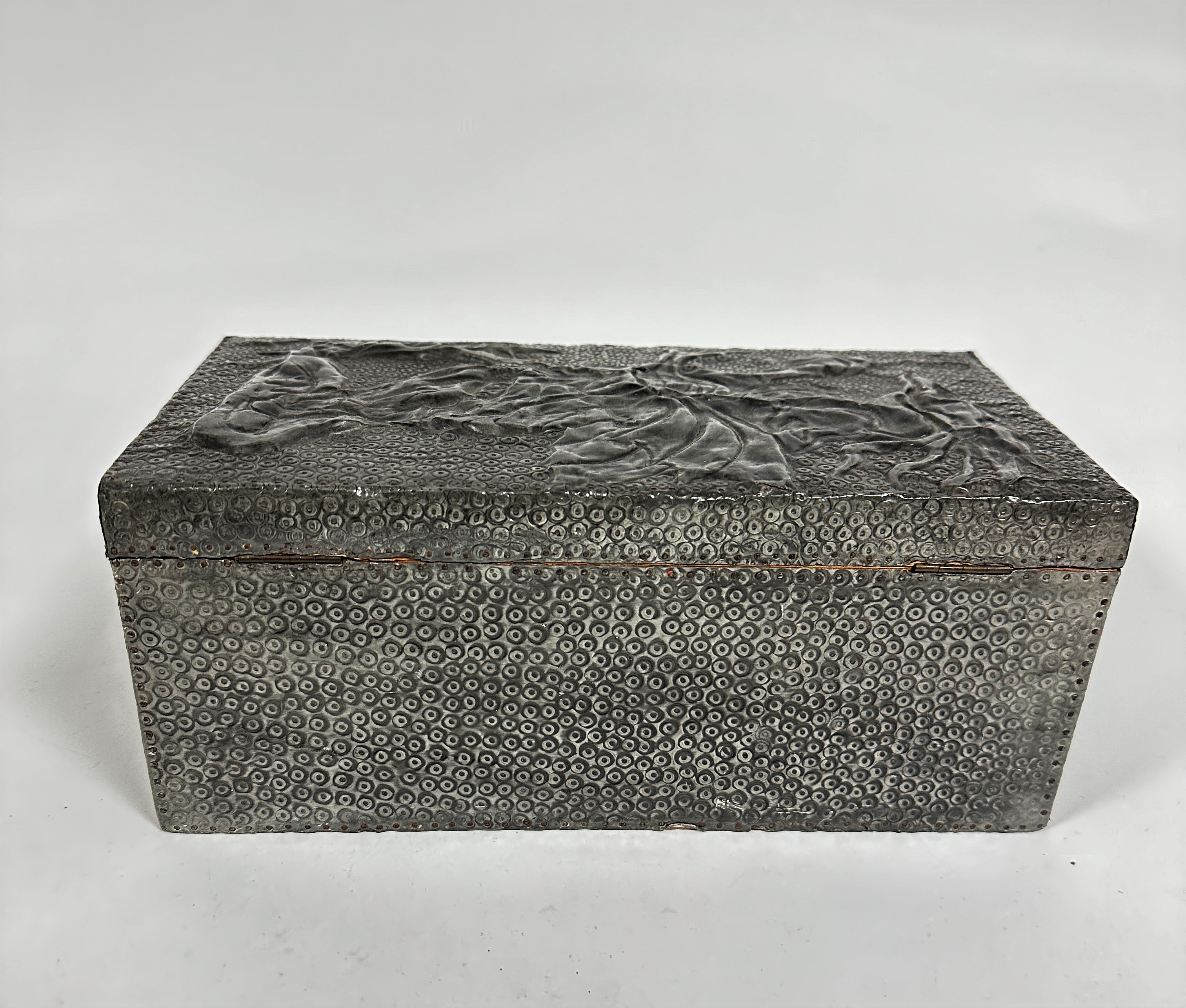 An Arts & Crafts style rectangular pewter chased mounted lined cigar box with impressed name to - Image 3 of 6