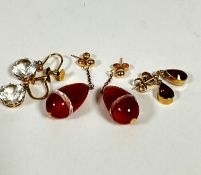 A pair of carnelian and crystal pear shaped drop earrings (drop 2.5cm) a pair of crystal drop