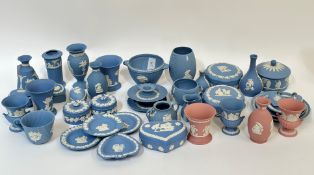 A group of Wedgwood Jasperware pottery, comprising three pink pieces, trinket boxes, vases,