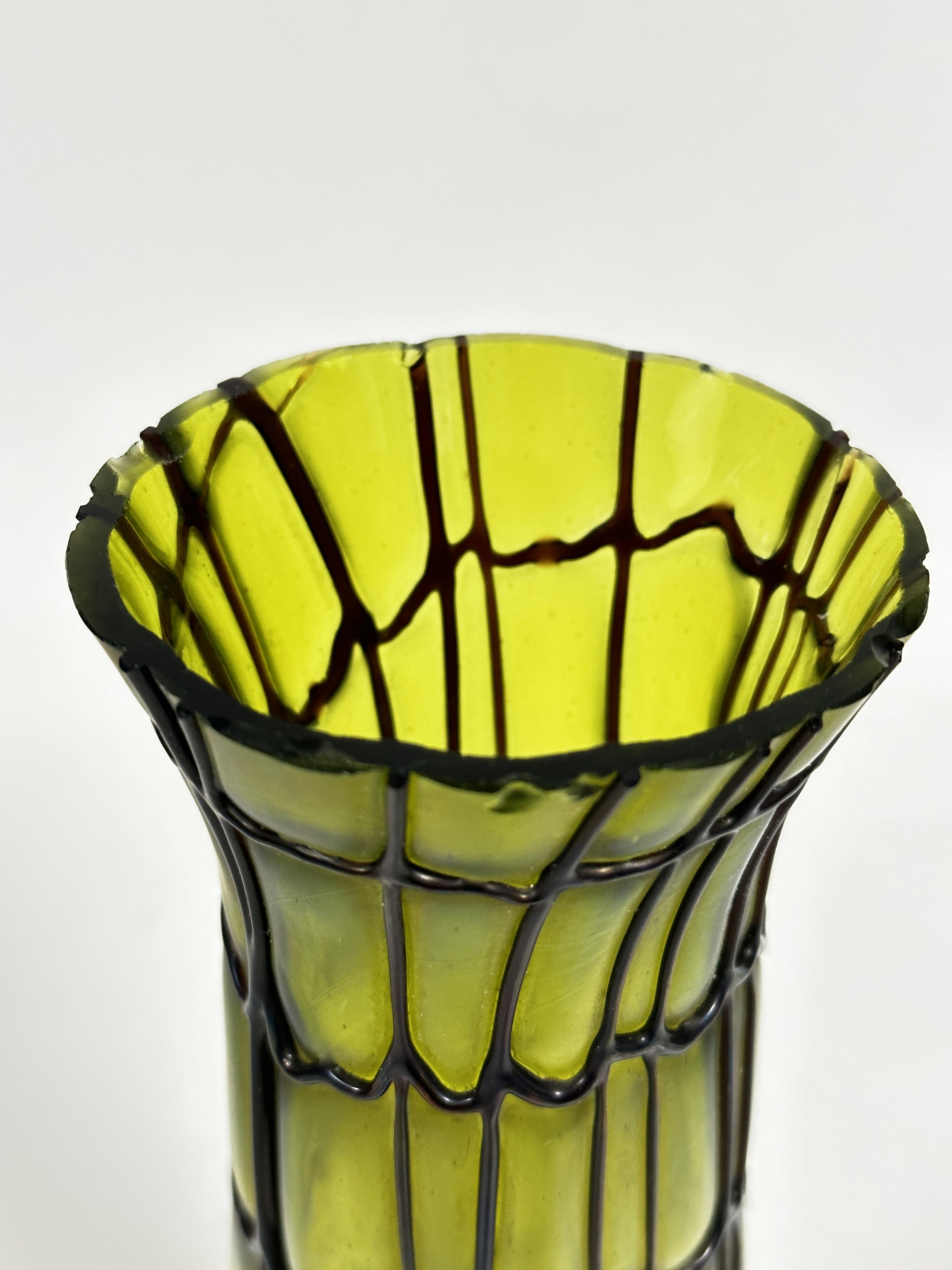 An Edwardian green lustre glass tapered cylinder vase with spreading foot with overlaid brown - Image 2 of 5