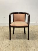 An Edwardian boxwood strung mahogany tub chair, upholstered in salmon shott silk, raised on square