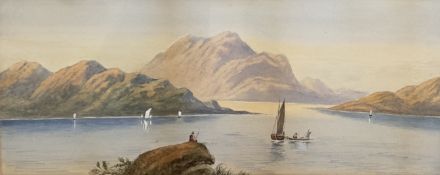 Continental School, Lake Shore Scene with Sail Boats, Fishing Boats and Fishermen, watercolour,