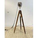 A 1930's style Half Mile Ray Searchlight Floor Lamp raised on mahogany tripod, with makers badge