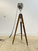 A 1930's style Half Mile Ray Searchlight Floor Lamp raised on mahogany tripod, with makers badge