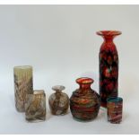 A collection of Maltese blown glass comprising two Mdina red/blue cased glass vases (tallest h-