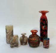 A collection of Maltese blown glass comprising two Mdina red/blue cased glass vases (tallest h-