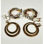 A pair of Italian 9ct three coloured gold scroll earrings with snap fastening for pierced ears, (