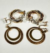 A pair of Italian 9ct three coloured gold scroll earrings with snap fastening for pierced ears, (
