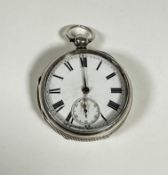 A late Victorian London silver open face pocket watch, an enamel dial, subsidiaries dial and Roman