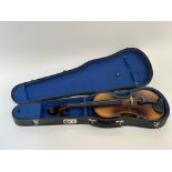 A modern stained wood Glaesel violin and case, with two-piece back and label 'Antonius